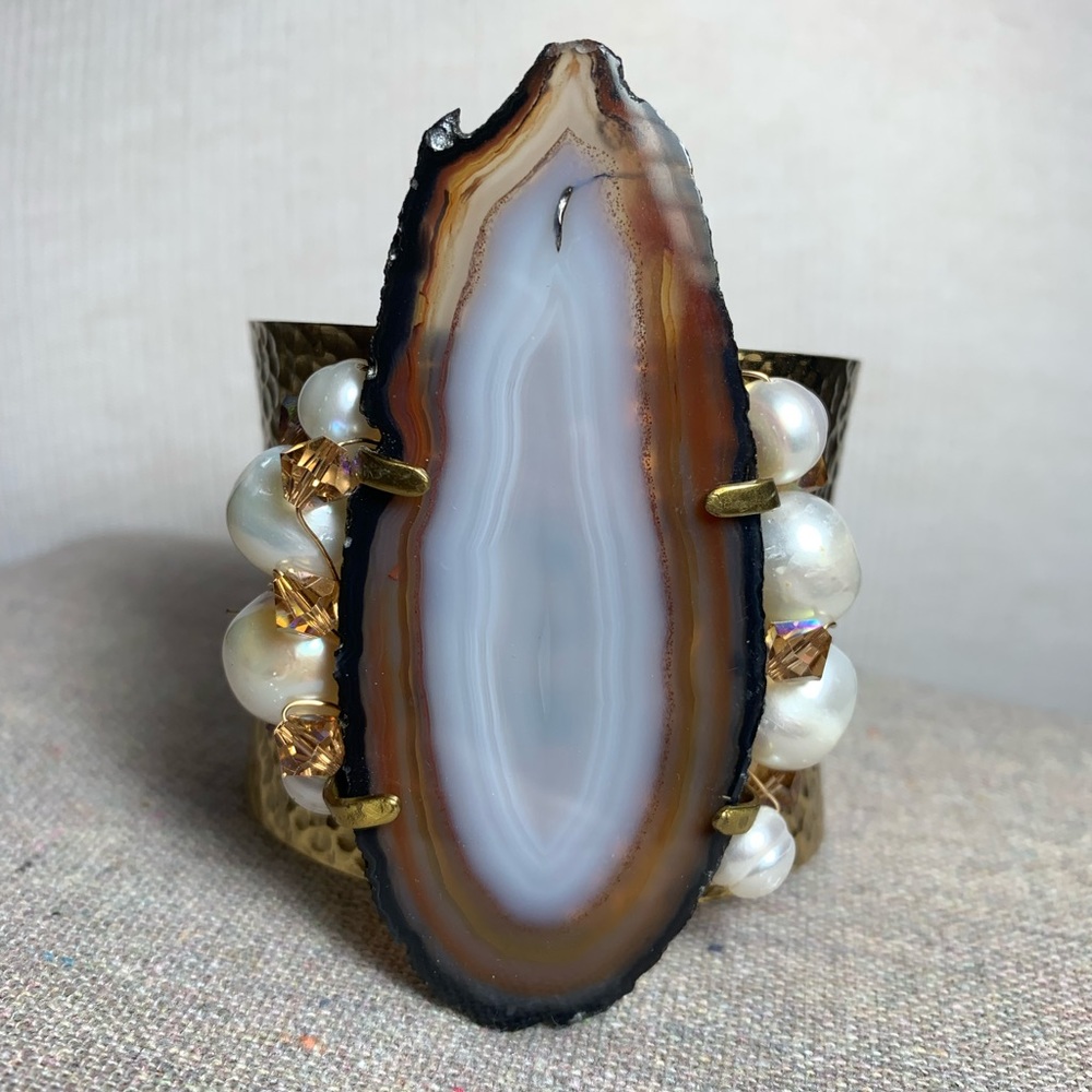 Artisan Geode cuff bracelet pearl and quartz energy gold plated